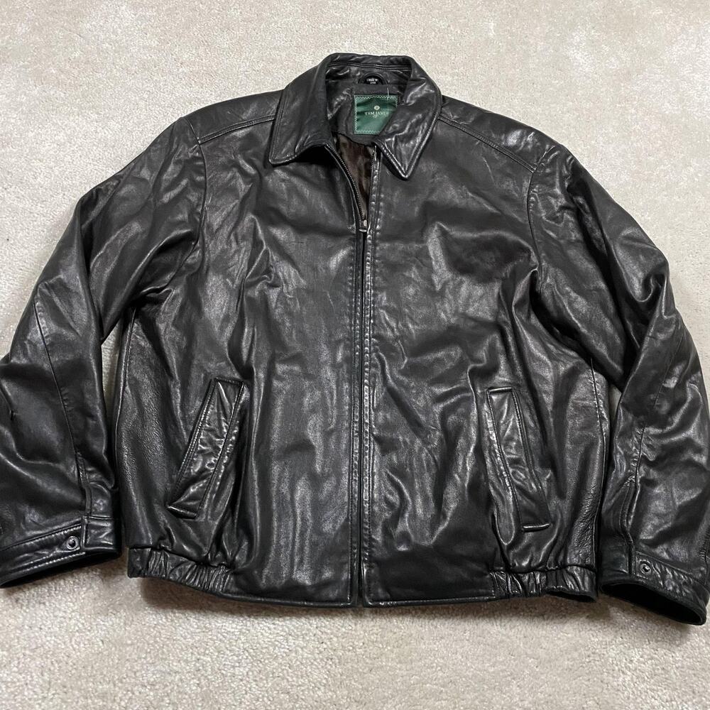 Tom James Jacket Mens L Black Leather Bomber Full Zip Lined Pockets Casual